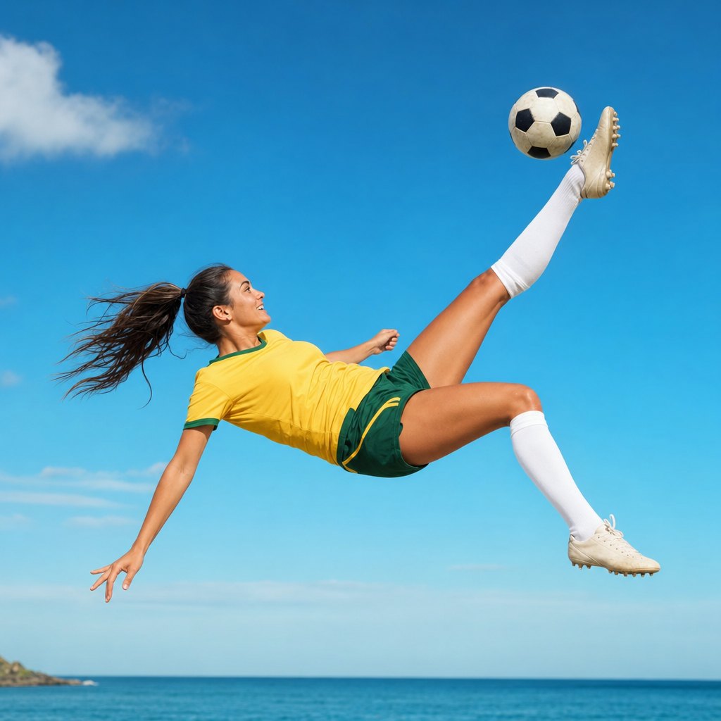 Soccer player mid bicycle kick against a clear blue sky